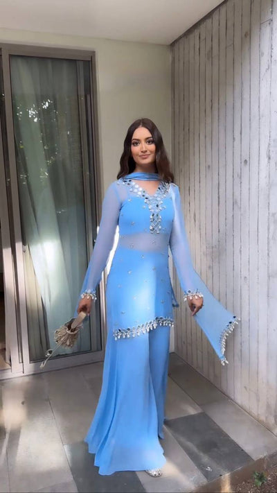 Sky Blue Mirror Work Kurta Sharara Suit Set with Dupatta | Festive Party Wear