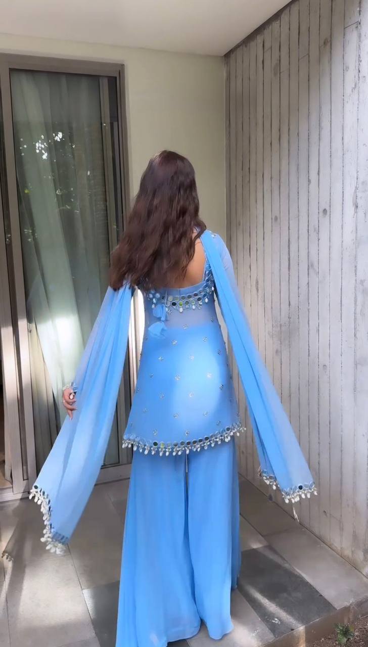 Sky Blue Mirror Work Kurta Sharara Suit Set with Dupatta | Festive Party Wear