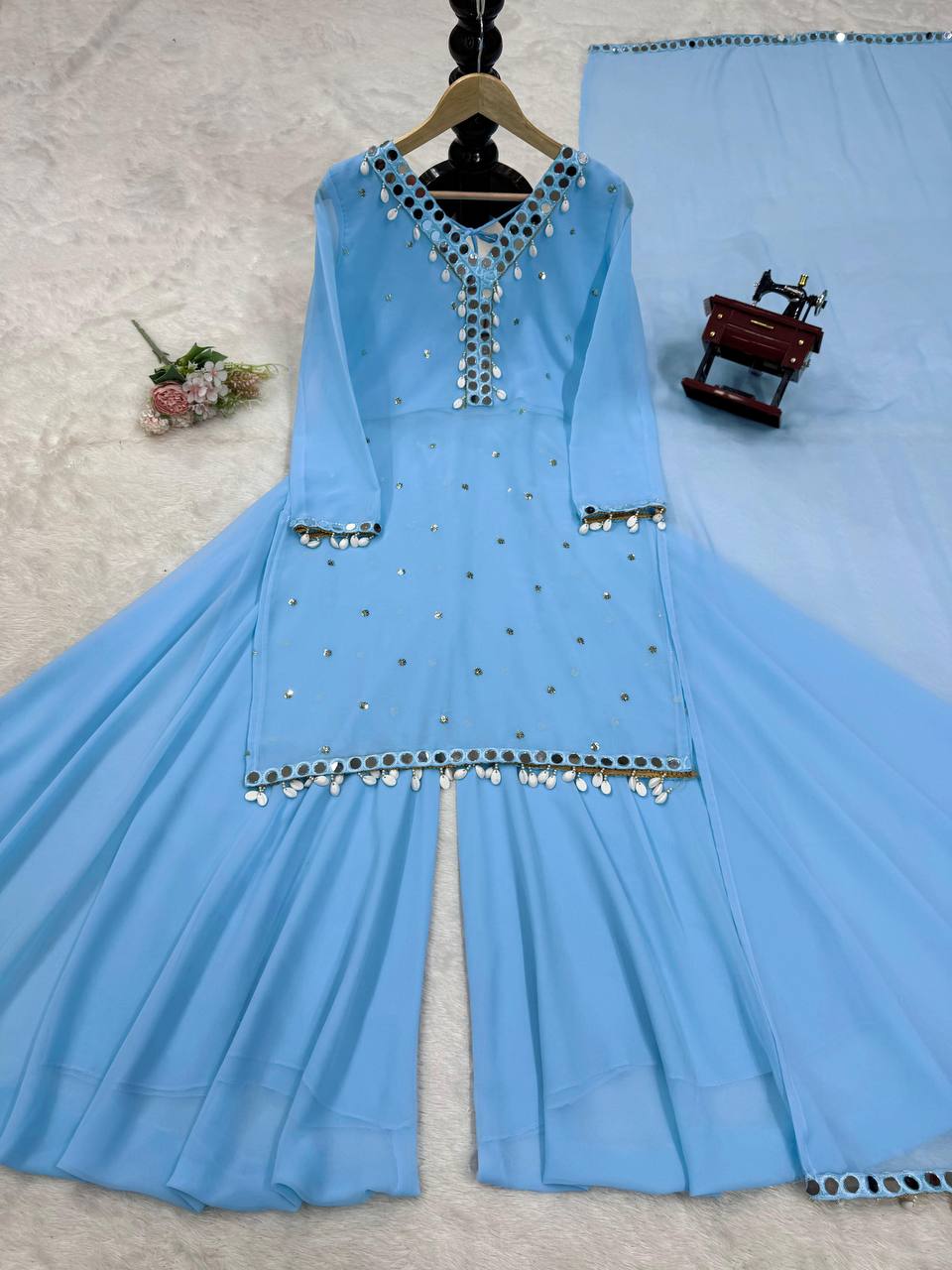 Sky Blue Mirror Work Kurta Sharara Suit Set with Dupatta | Festive Party Wear