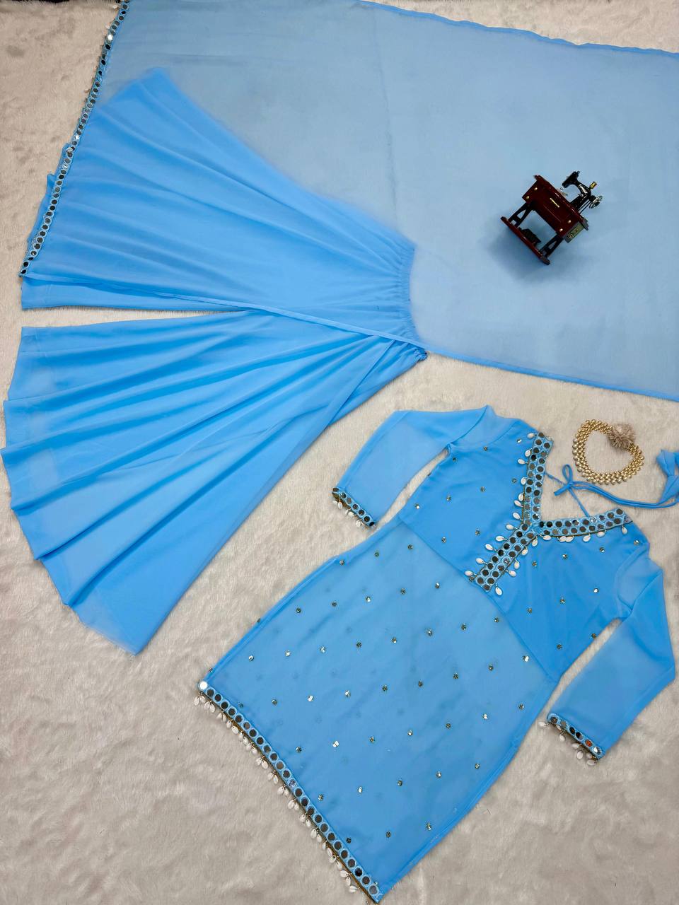 Sky Blue Mirror Work Kurta Sharara Suit Set with Dupatta | Festive Party Wear
