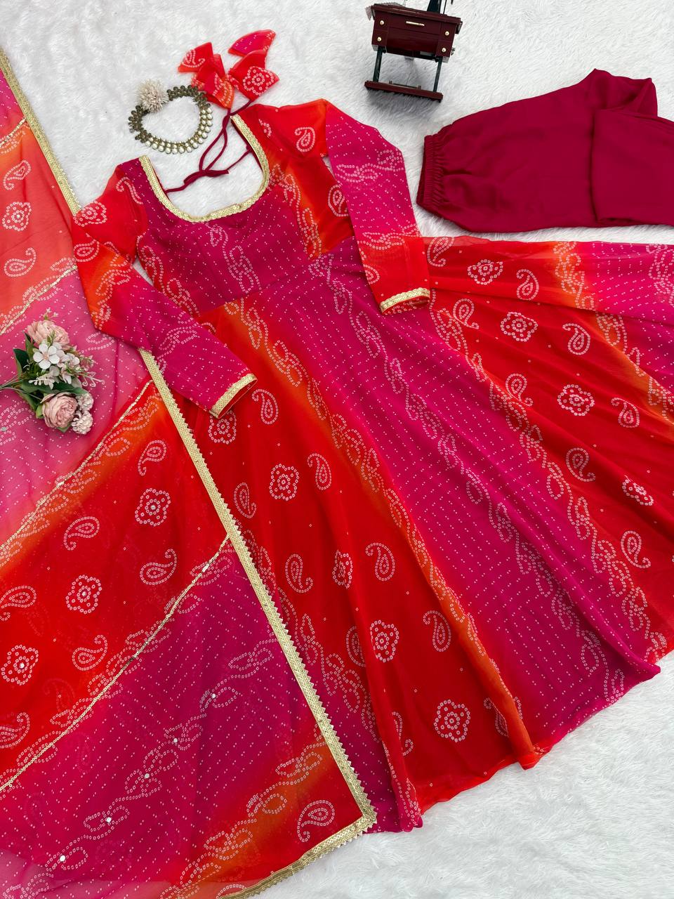 Bandhani Print Anarkali Kurta Set with Dupatta – 2 Color Options