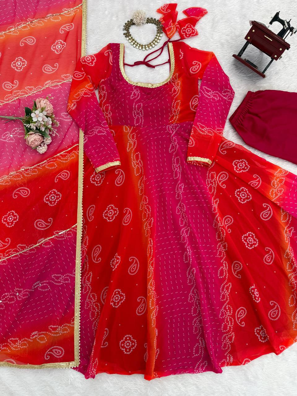 Bandhani Print Anarkali Kurta Set with Dupatta – 2 Color Options