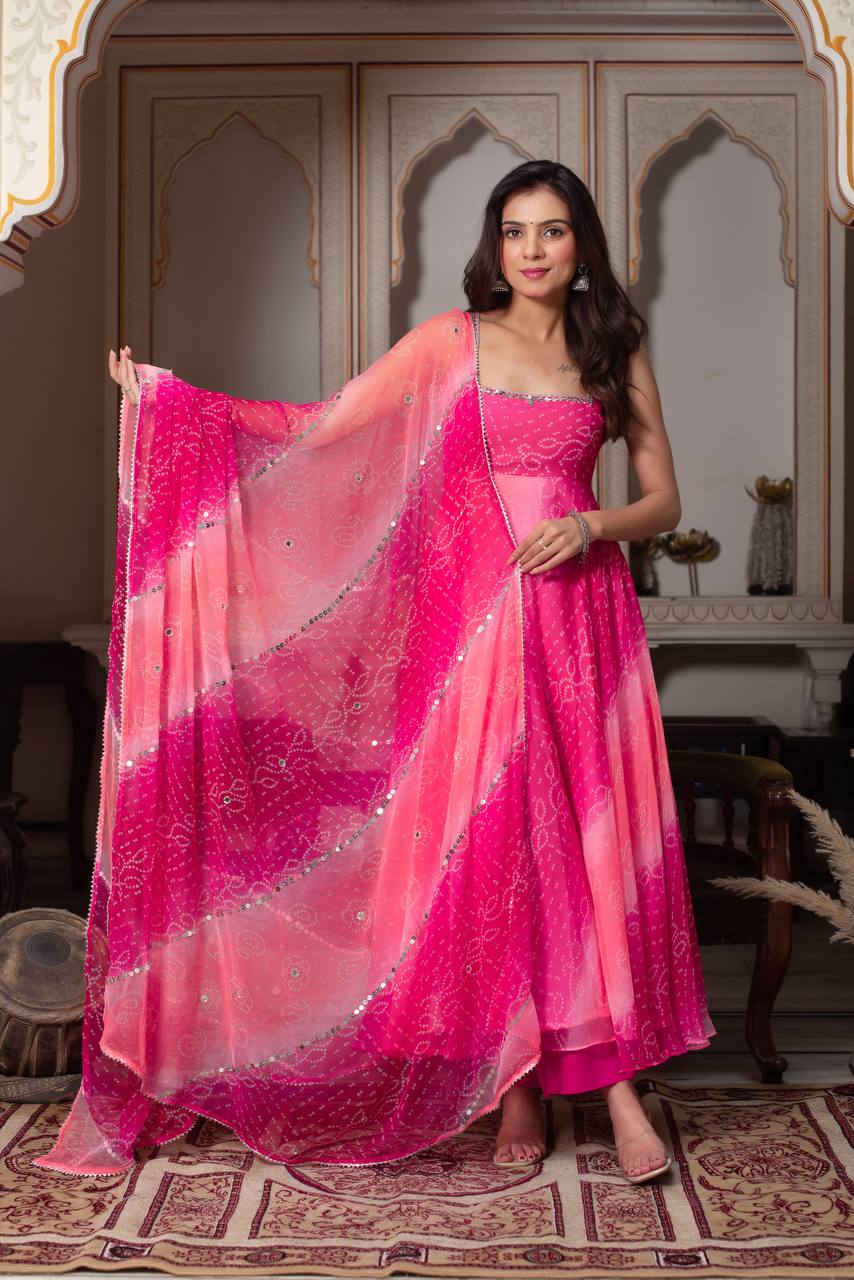 Pink Bandhani Print Anarkali Kurta Set with Dupatta