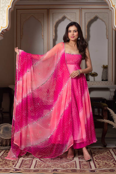 Pink Bandhani Print Anarkali Kurta Set with Dupatta