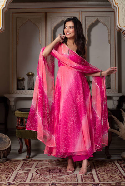 Pink Bandhani Print Anarkali Kurta Set with Dupatta