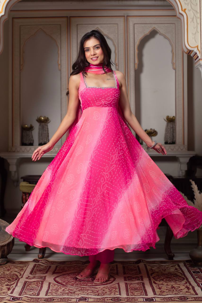 Pink Bandhani Print Anarkali Kurta Set with Dupatta