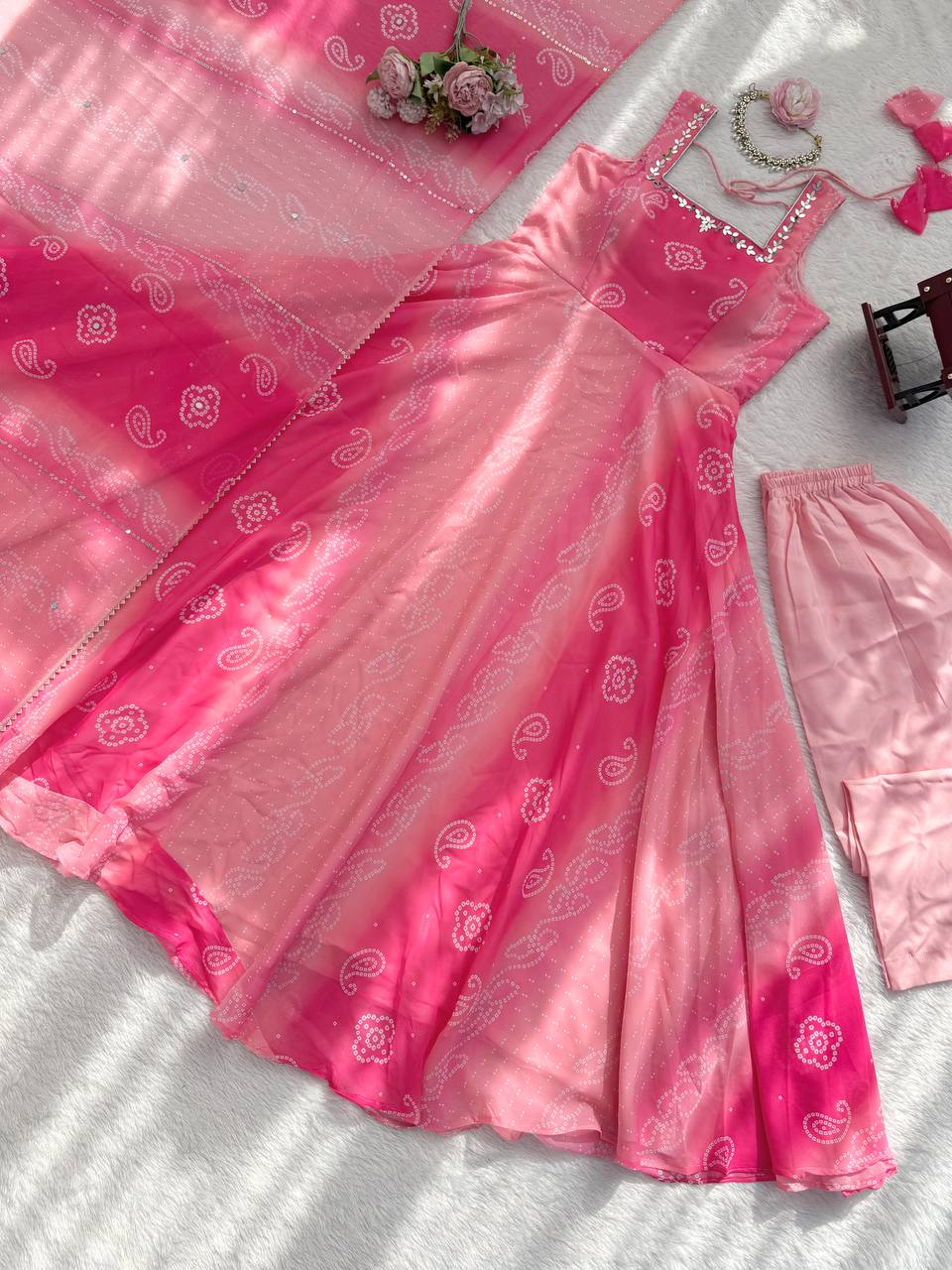 Pink Bandhani Print Anarkali Kurta Set with Dupatta