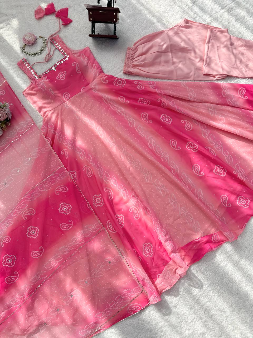 Pink Bandhani Print Anarkali Kurta Set with Dupatta