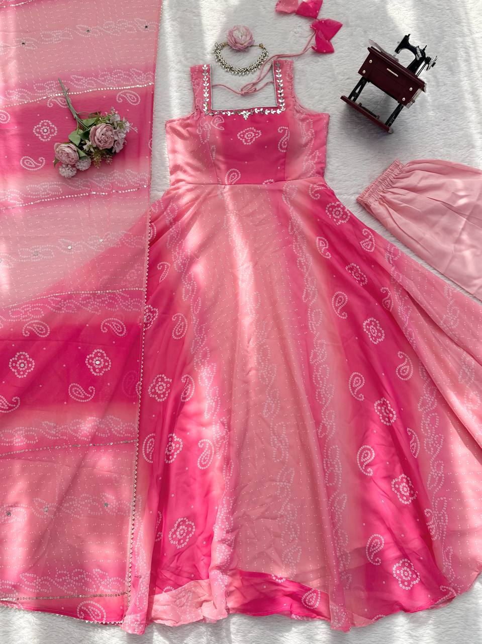Pink Bandhani Print Anarkali Kurta Set with Dupatta