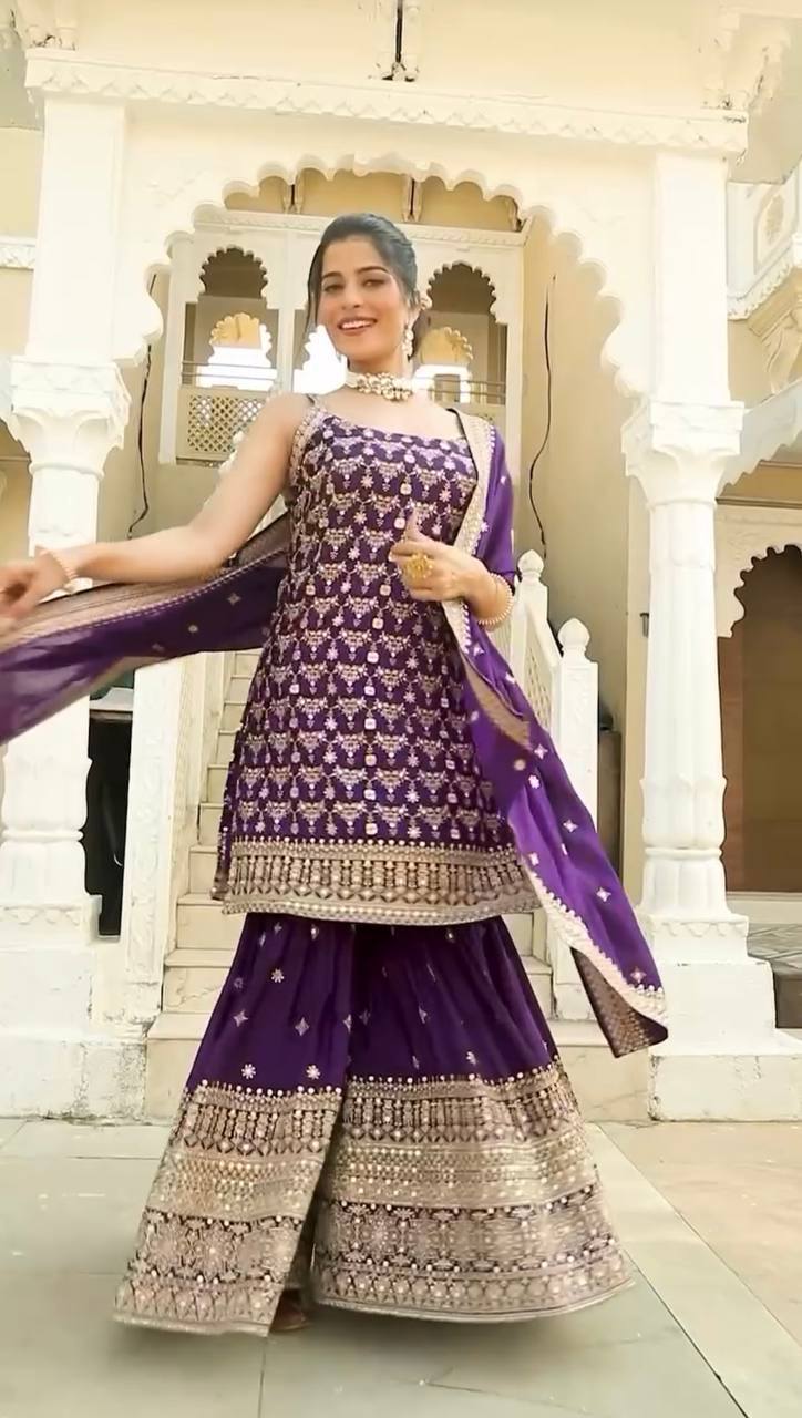 Purple Embroidered Kurta Sharara Set with Dupatta