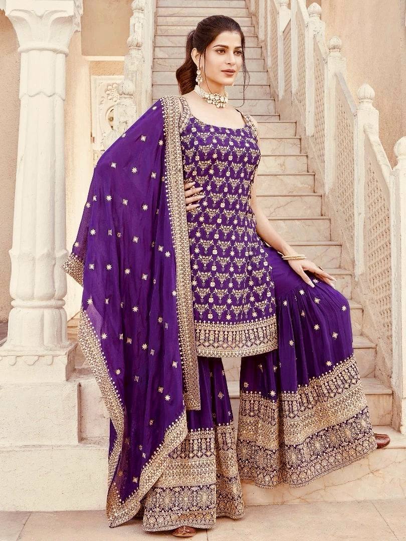 Purple Embroidered Kurta Sharara Set with Dupatta
