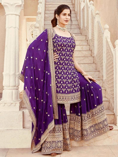 Purple Embroidered Kurta Sharara Set with Dupatta