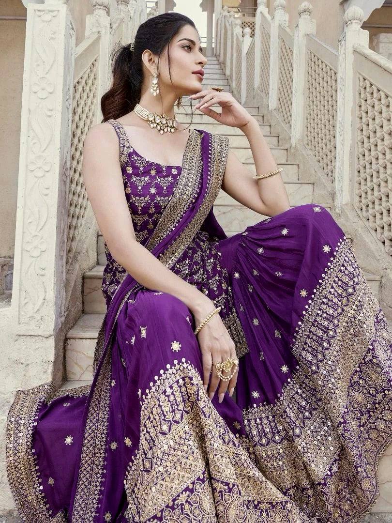 Purple Embroidered Kurta Sharara Set with Dupatta