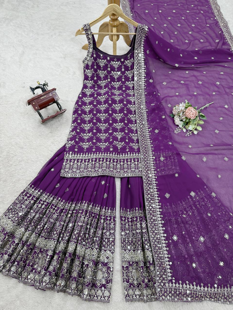 Purple Embroidered Kurta Sharara Set with Dupatta