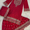Red Heavy Embroidered Kurta Sharara Set with Net Dupatta
