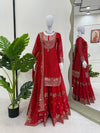 Red Heavy Embroidered Kurta Sharara Set with Net Dupatta