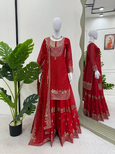 Red Heavy Embroidered Kurta Sharara Set with Net Dupatta
