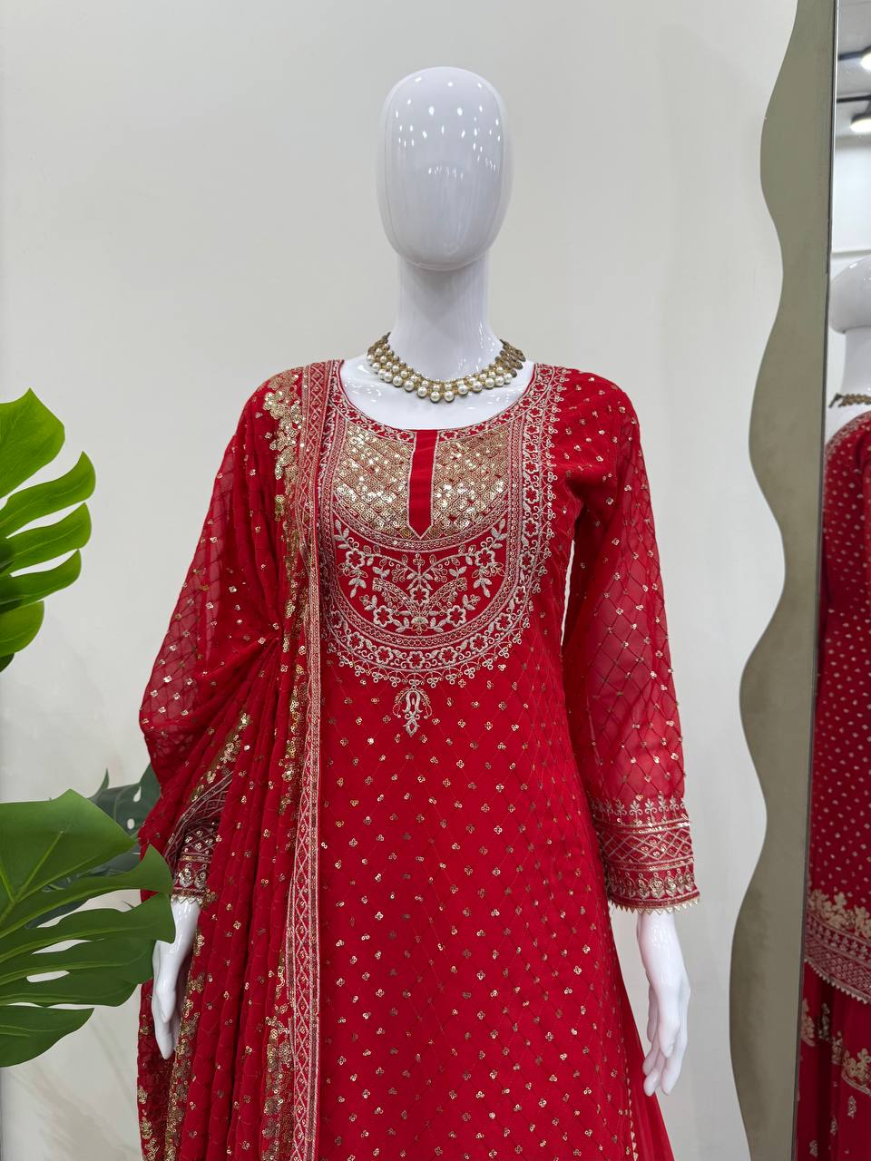 Red Heavy Embroidered Kurta Sharara Set with Net Dupatta