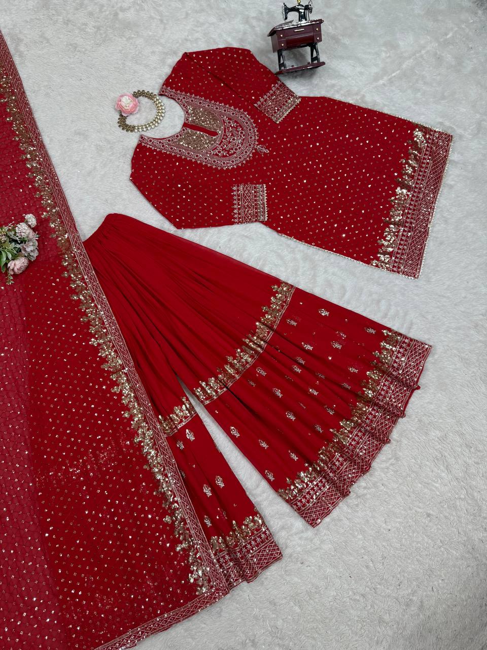 Red Heavy Embroidered Kurta Sharara Set with Net Dupatta