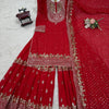 Red Heavy Embroidered Kurta Sharara Set with Net Dupatta