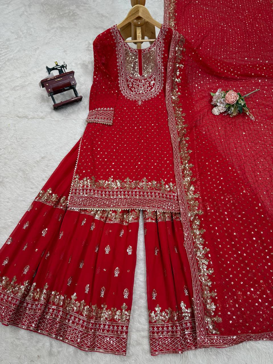 Red Heavy Embroidered Kurta Sharara Set with Net Dupatta