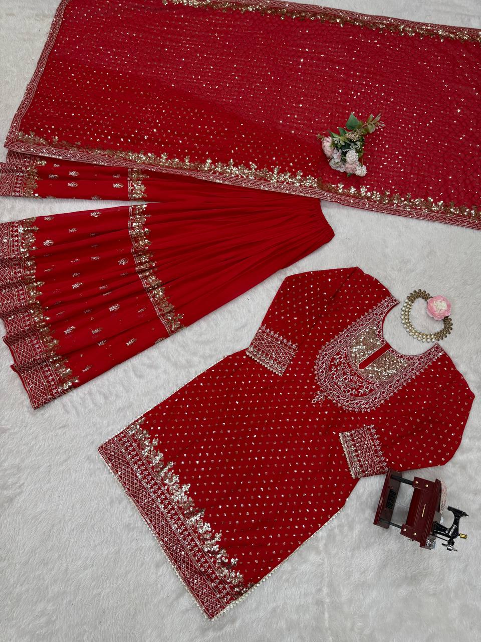 Red Heavy Embroidered Kurta Sharara Set with Net Dupatta