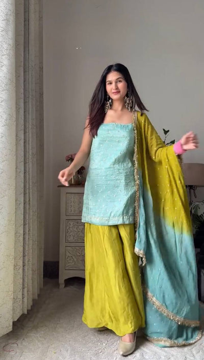 Mint Green Kurti with Lime Sharara & Ombre Chiffon Dupatta Set