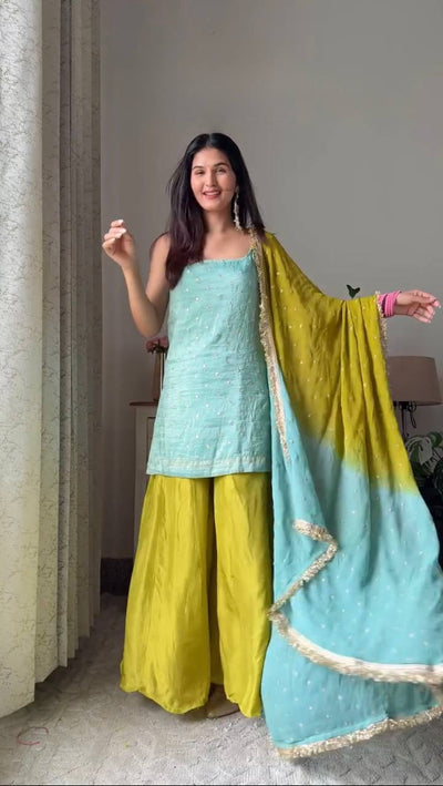 Mint Green Kurti with Lime Sharara & Ombre Chiffon Dupatta Set
