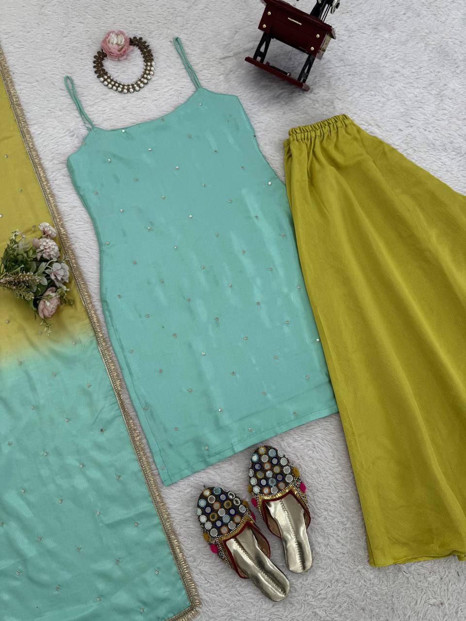 Mint Green Kurti with Lime Sharara & Ombre Chiffon Dupatta Set