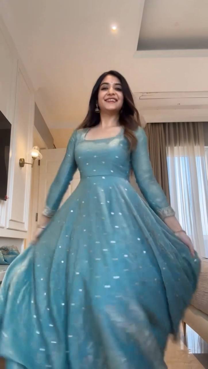 Girls Sky Blue Sequin Anarkali Suit Set with Palazzo & Dupatta – Festive Wear