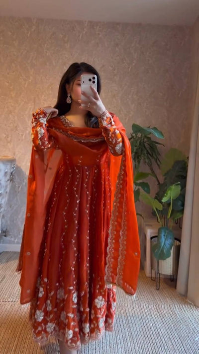 Rust Orange Embroidered Anarkali Kurta Set with Dupatta & Bottom – Festive Ethnic Wear for Women