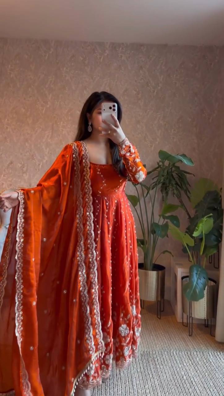Rust Orange Embroidered Anarkali Kurta Set with Dupatta & Bottom – Festive Ethnic Wear for Women