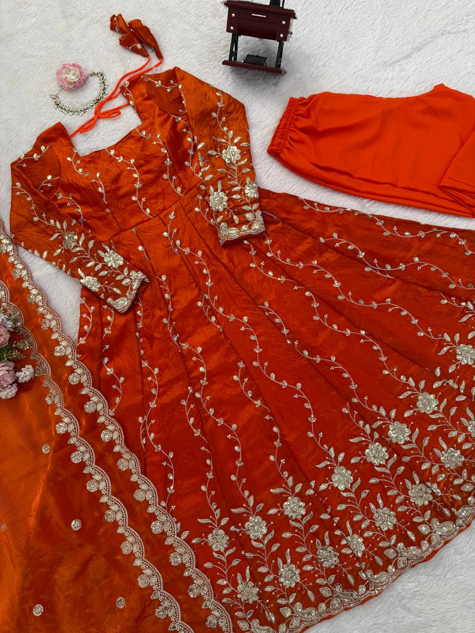 Rust Orange Embroidered Anarkali Kurta Set with Dupatta & Bottom – Festive Ethnic Wear for Women