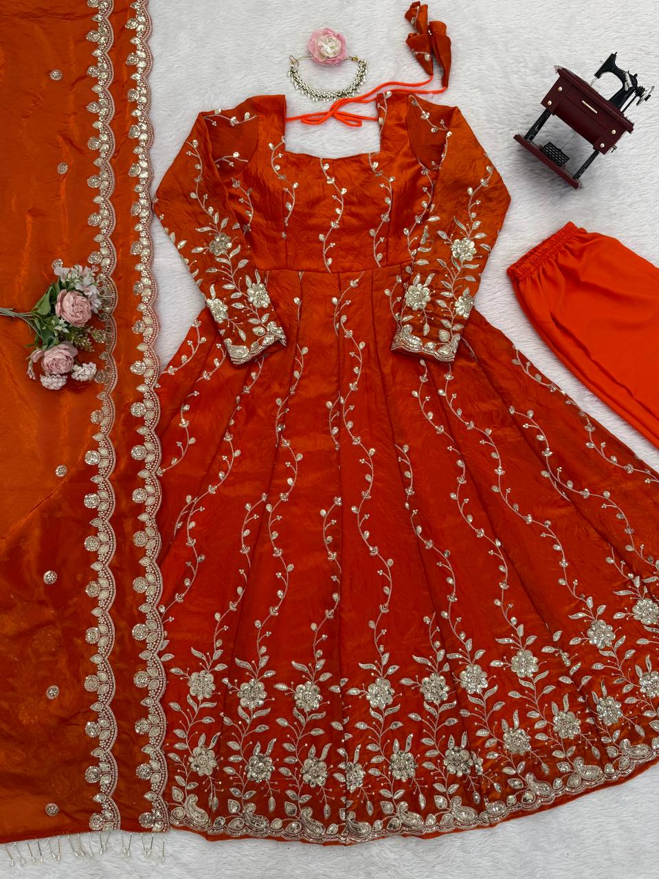 Rust Orange Embroidered Anarkali Kurta Set with Dupatta & Bottom – Festive Ethnic Wear for Women