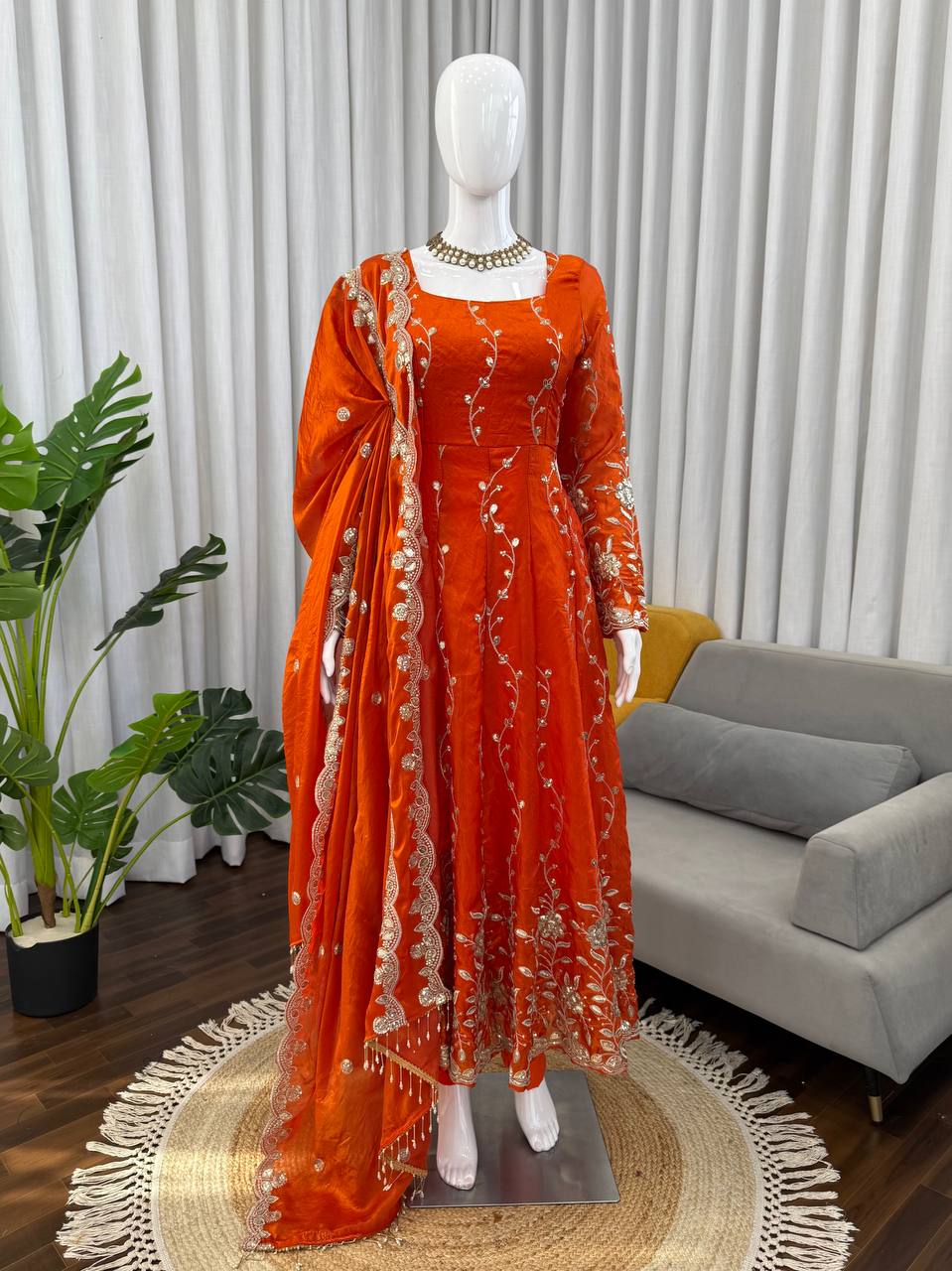 Rust Orange Embroidered Anarkali Kurta Set with Dupatta & Bottom – Festive Ethnic Wear for Women