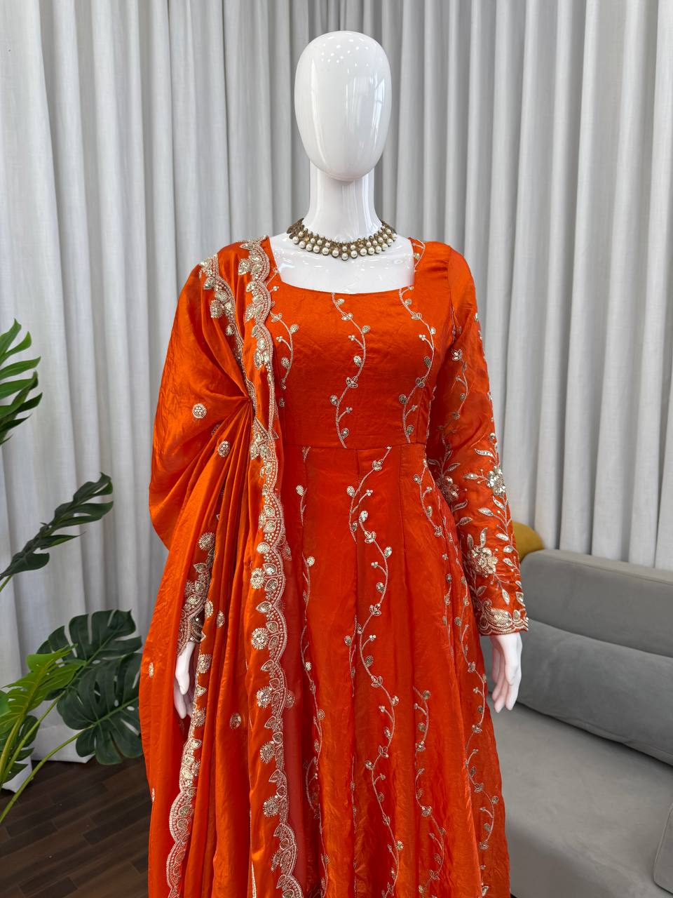 Rust Orange Embroidered Anarkali Kurta Set with Dupatta & Bottom – Festive Ethnic Wear for Women