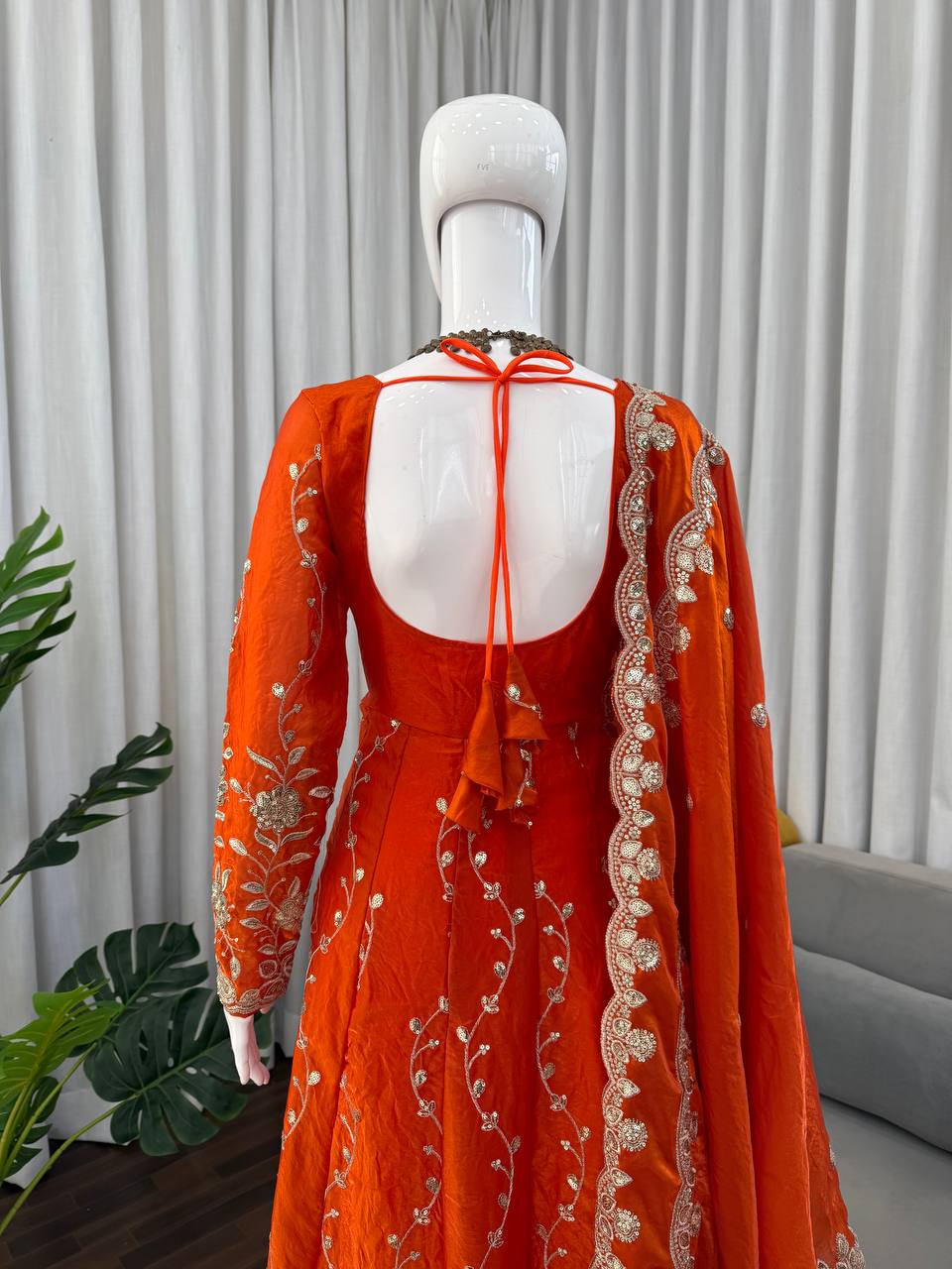 Rust Orange Embroidered Anarkali Kurta Set with Dupatta & Bottom – Festive Ethnic Wear for Women