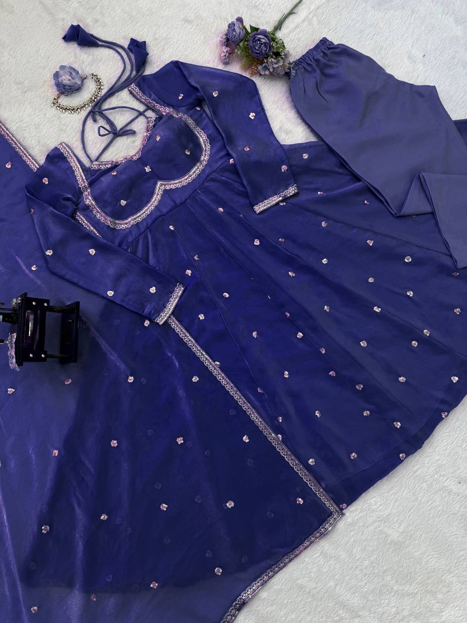Embroidered Anarkali Kurti Pant Set with Dupatta – Festive & Party Wear | 6 Stunning Colors