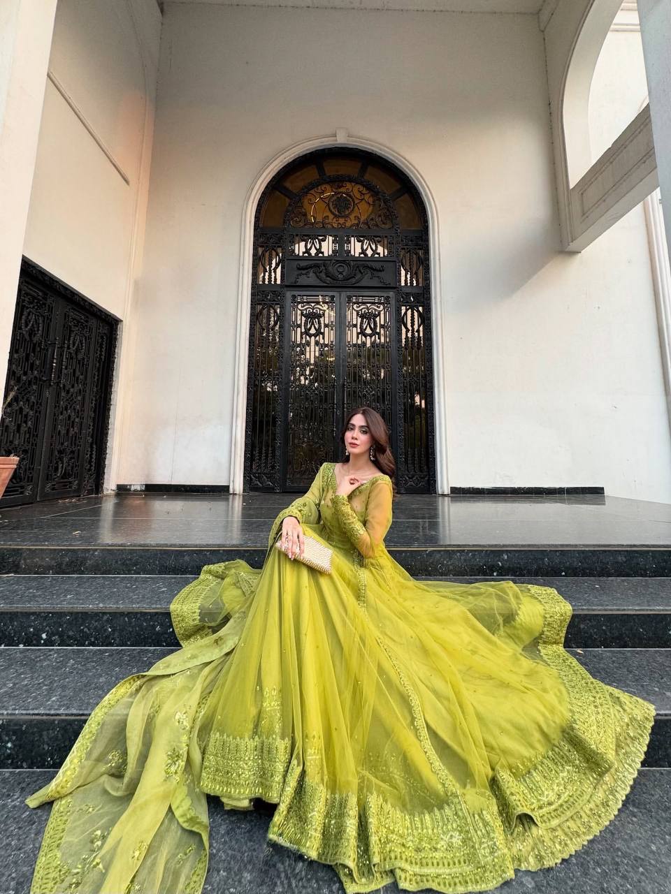 Olive Green Embroidered Net Anarkali Suit Set with Dupatta & Bottom – Festive Ethnic Wear for Women