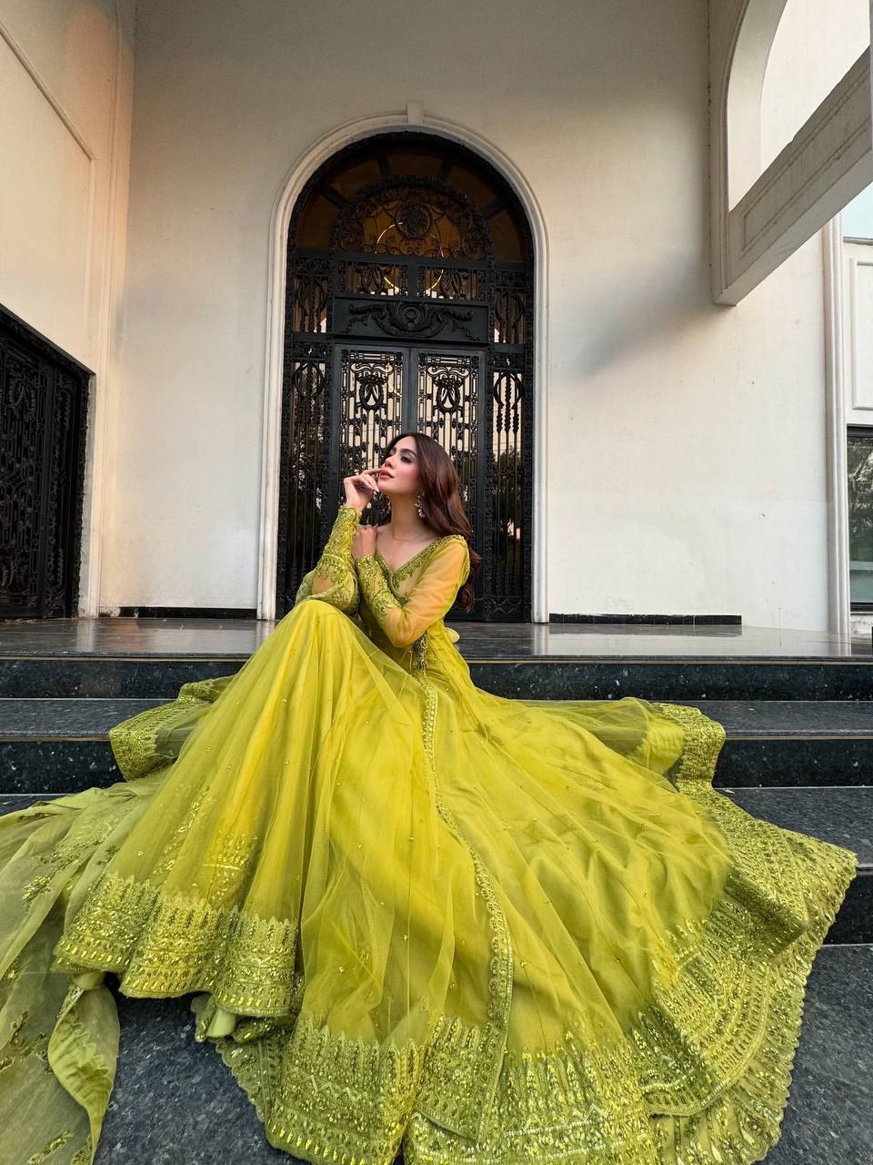 Olive Green Embroidered Net Anarkali Suit Set with Dupatta & Bottom – Festive Ethnic Wear for Women