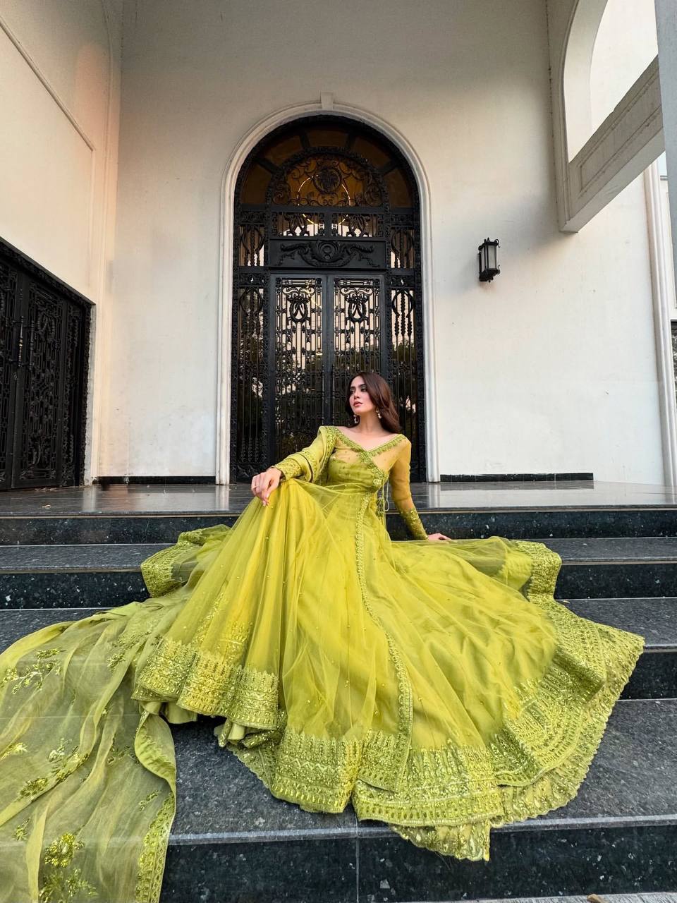 Olive Green Embroidered Net Anarkali Suit Set with Dupatta & Bottom – Festive Ethnic Wear for Women