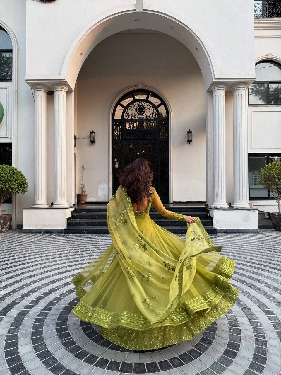 Olive Green Embroidered Net Anarkali Suit Set with Dupatta & Bottom – Festive Ethnic Wear for Women