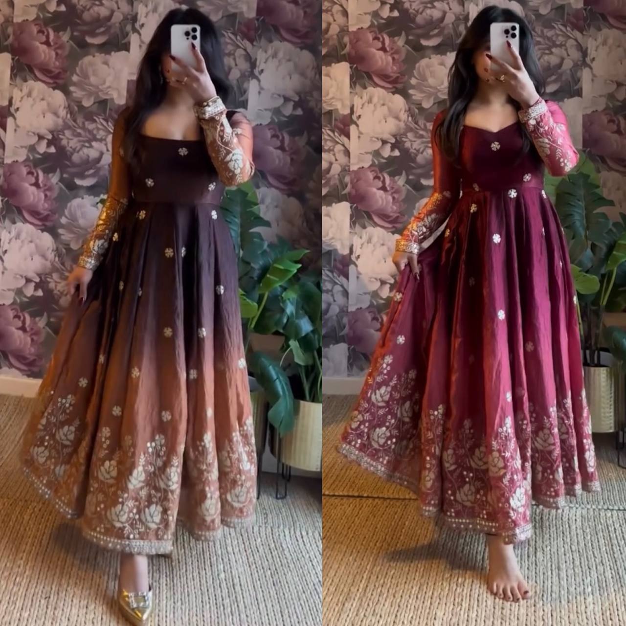 Embroidered Silk Anarkali Suit Set with Dupatta & Bottom – Available in Wine & Brown | Festive Wear for Women