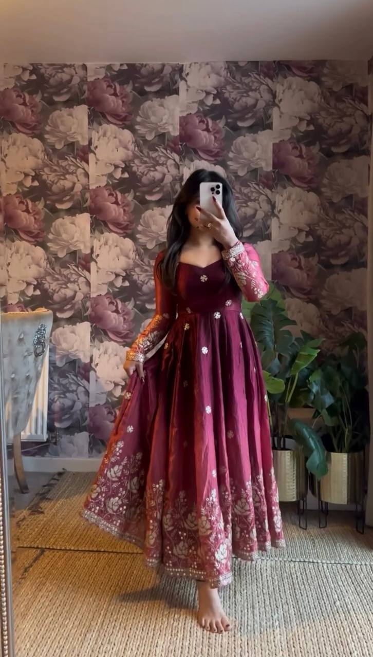 Embroidered Silk Anarkali Suit Set with Dupatta & Bottom – Available in Wine & Brown | Festive Wear for Women