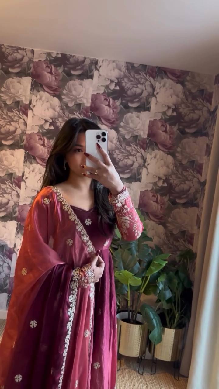 Embroidered Silk Anarkali Suit Set with Dupatta & Bottom – Available in Wine & Brown | Festive Wear for Women