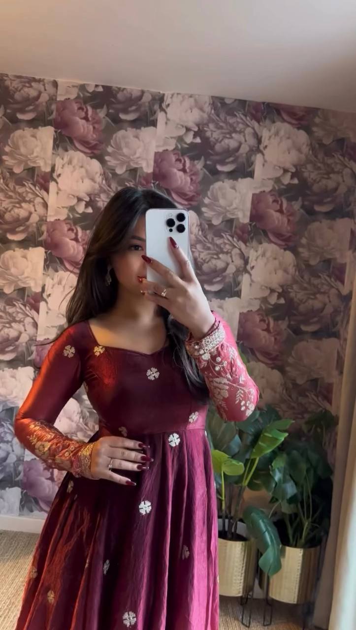 Embroidered Silk Anarkali Suit Set with Dupatta & Bottom – Available in Wine & Brown | Festive Wear for Women