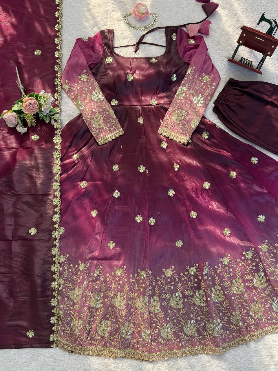 Embroidered Silk Anarkali Suit Set with Dupatta & Bottom – Available in Wine & Brown | Festive Wear for Women