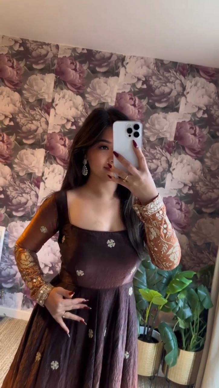 Embroidered Silk Anarkali Suit Set with Dupatta & Bottom – Available in Wine & Brown | Festive Wear for Women