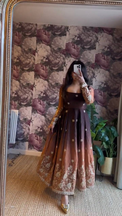 Embroidered Silk Anarkali Suit Set with Dupatta & Bottom – Available in Wine & Brown | Festive Wear for Women