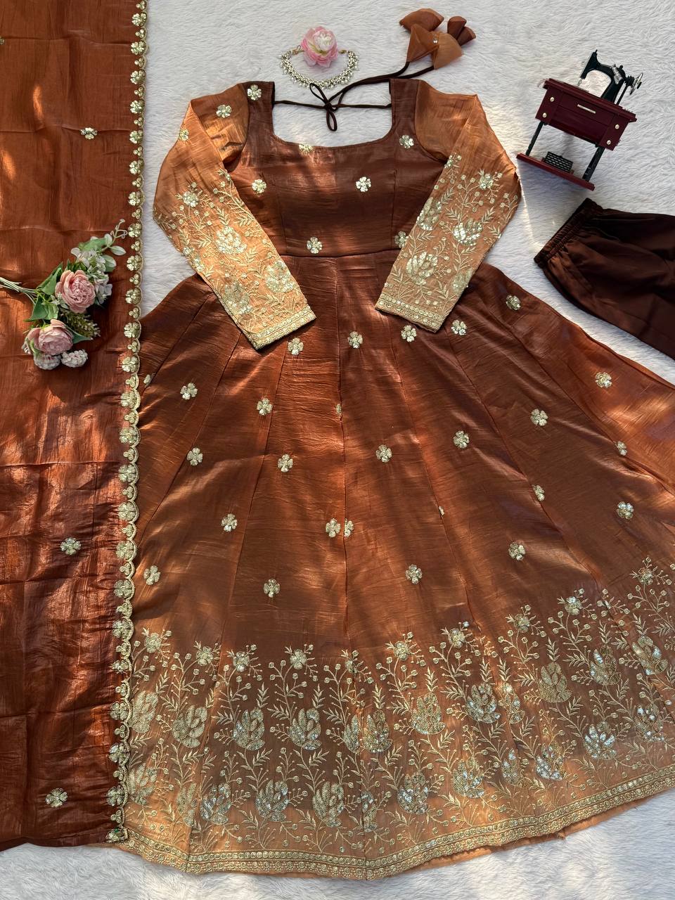 Embroidered Silk Anarkali Suit Set with Dupatta & Bottom – Available in Wine & Brown | Festive Wear for Women